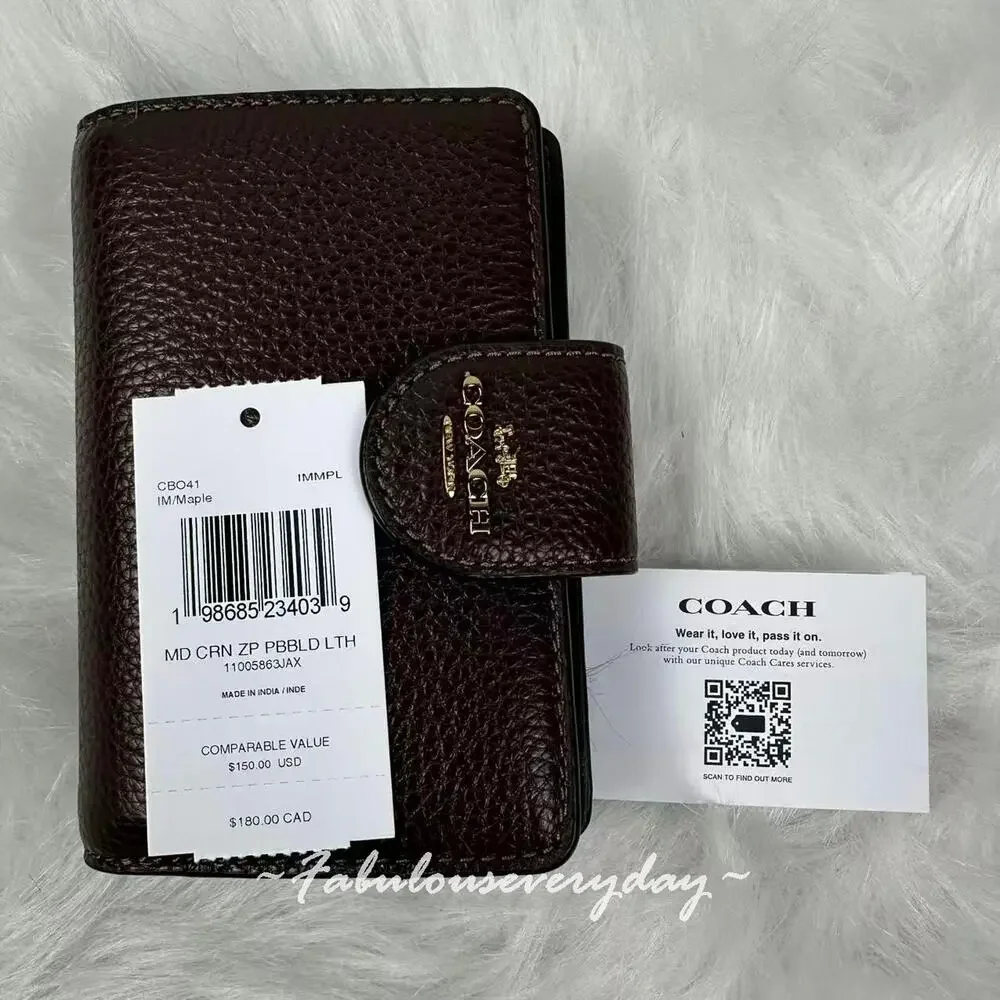 Coach Medium Corner Zip Wallet In Pebbled Leather/Gold/Maple CBO41 NWT